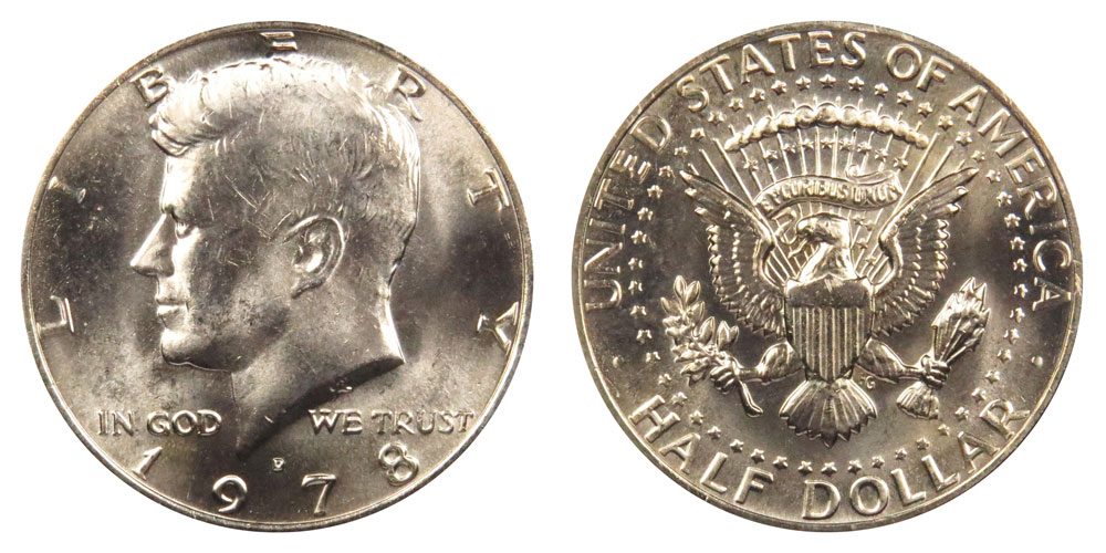 Side-by-side comparison of normal 1978 Kennedy half dollar obverse vs doubled die obverse DDO showing doubling in LIBERTY lettering