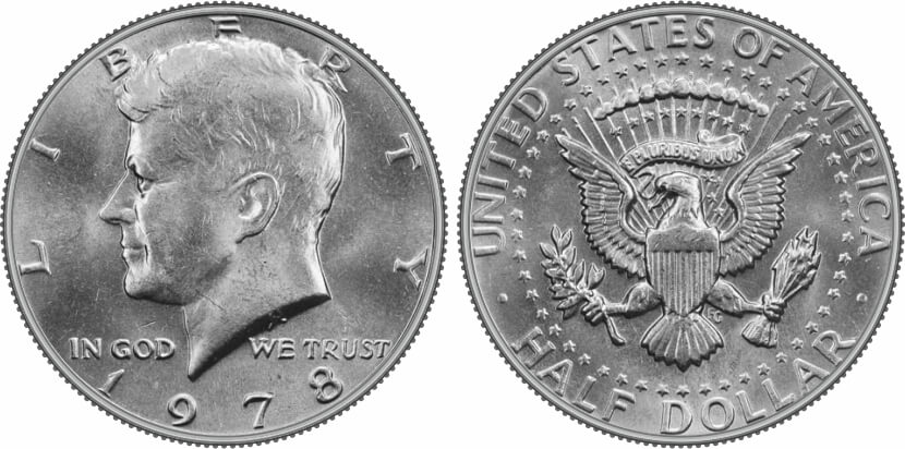 Group of 1978 Kennedy half dollars showing Philadelphia, Denver, and San Francisco proof varieties