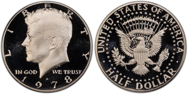 1978 Kennedy half dollar grading strip showing four condition tiers from worn to gem uncirculated MS67